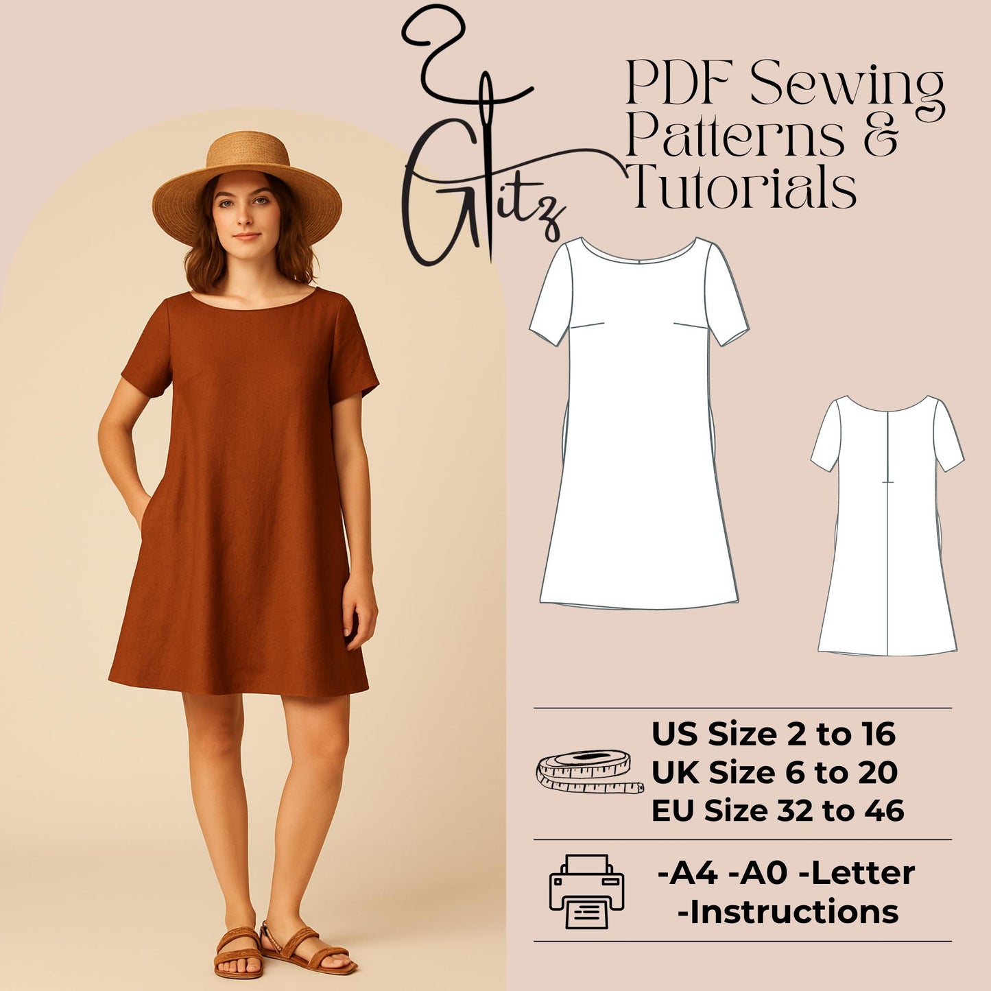 Mini Summer Linen Dress Sewing Pattern Easy Sewing Pattern Boat Neck Boho Dress