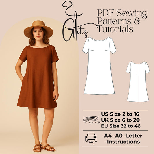 Mini Summer Linen Dress Sewing Pattern Easy Sewing Pattern Boat Neck Boho Dress
