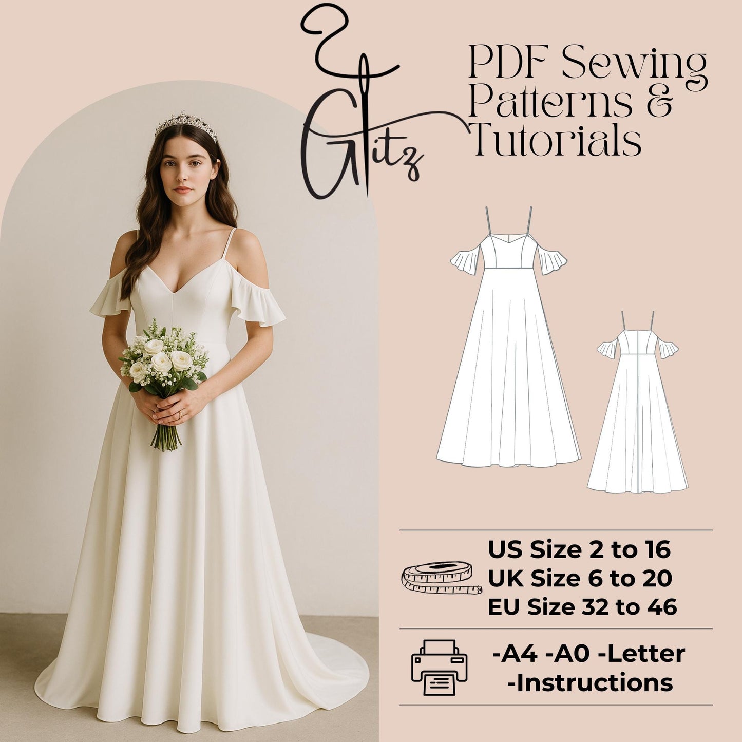 Maxi Prom Dress Sewing Pattern Bridal Gown Bridesmaid Dress Evening Dress Pattern