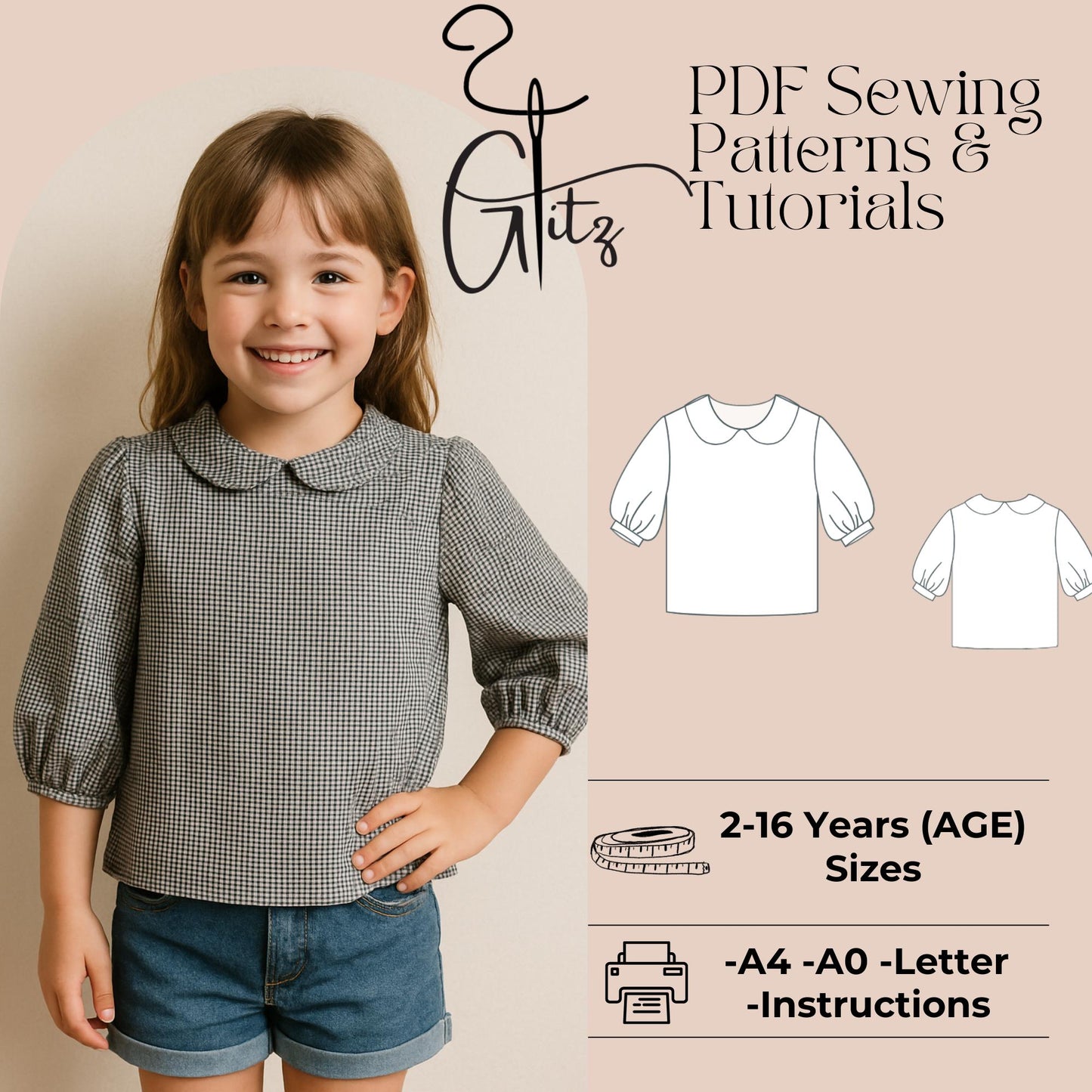 Girls Peter Pan Collar Neck Top Sewing Pattern Girl Puff Sleeve Blouse Pattern