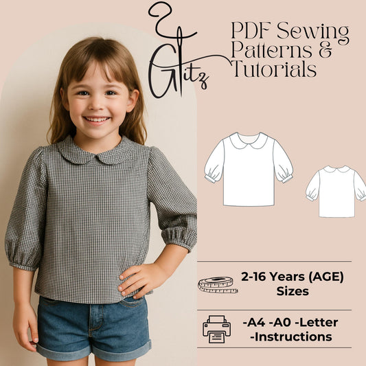 Girls Peter Pan Collar Neck Top Sewing Pattern Girl Puff Sleeve Blouse Pattern