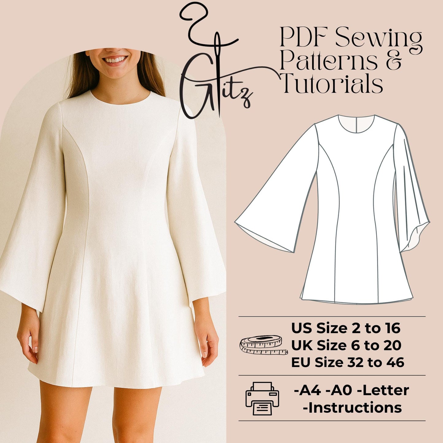 Flared Sleeve Mini Dress Sewing Pattern Mini Evening Cocktail Dress Pattern