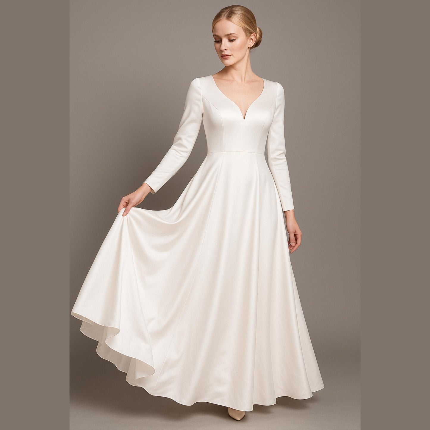 V Neck Long Satin Bridal Dress Sewing Pattern A Line Maxi Prom Dress Simple Bridal Gown Ball Gown