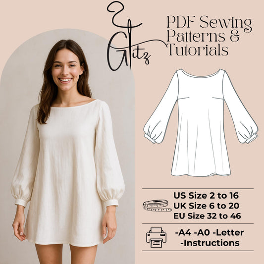 Boat Neck Dress Sewing Pattern Mini Dress Sewing Pattern Puff Sleeve Linen Dress Cottagecore Dress