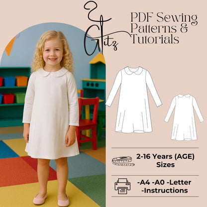 Peter Pan Collar Neck Midi Tent Dress Sewing Pattern Girls Dress Sewing Pattern Toddler Dress Easy Sewing Pattern