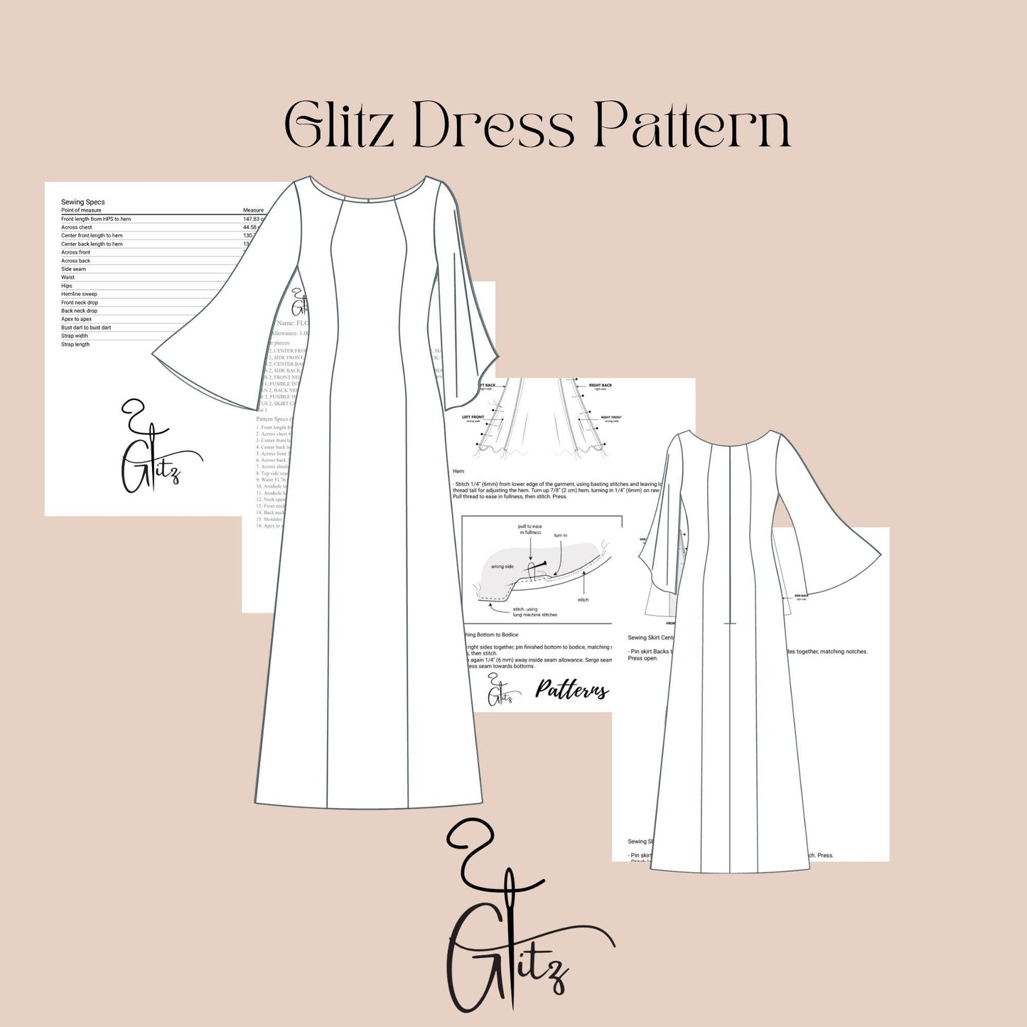 Long Flared Sleeve Satin Bridal Dress Sewing Pattern Satin Prom Dress Pattern