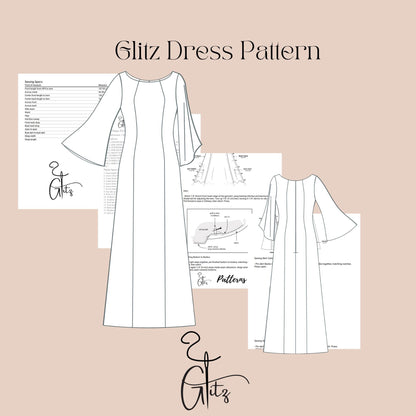 Long Flared Sleeve Satin Bridal Dress Sewing Pattern Satin Prom Dress Pattern