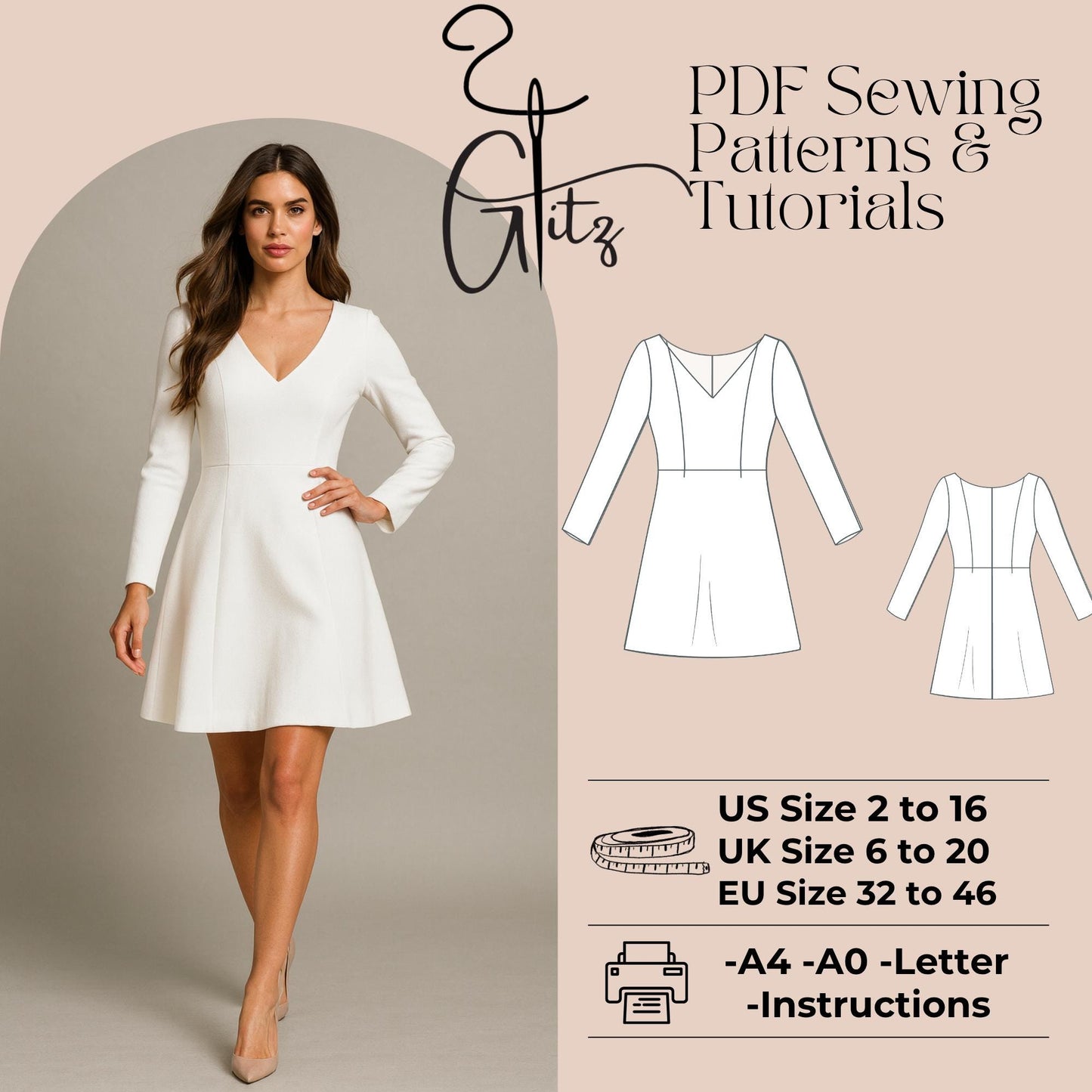 Mini Evening Dress Sewing Pattern Long Sleeve Mini Cocktail Dress Pattern After Party Dress