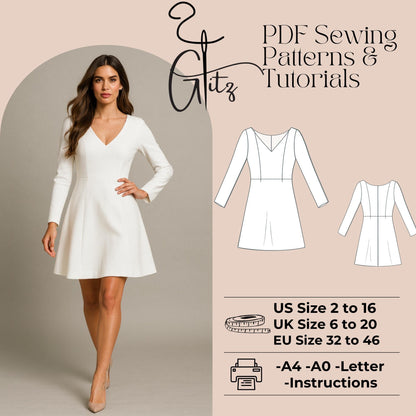 Mini Evening Dress Sewing Pattern Long Sleeve Mini Cocktail Dress Pattern After Party Dress