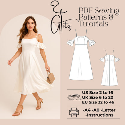 Midi Satin Dress Sewing Pattern Off Shoulder Evening Dress Pattern Ball Gown Bridal Gown