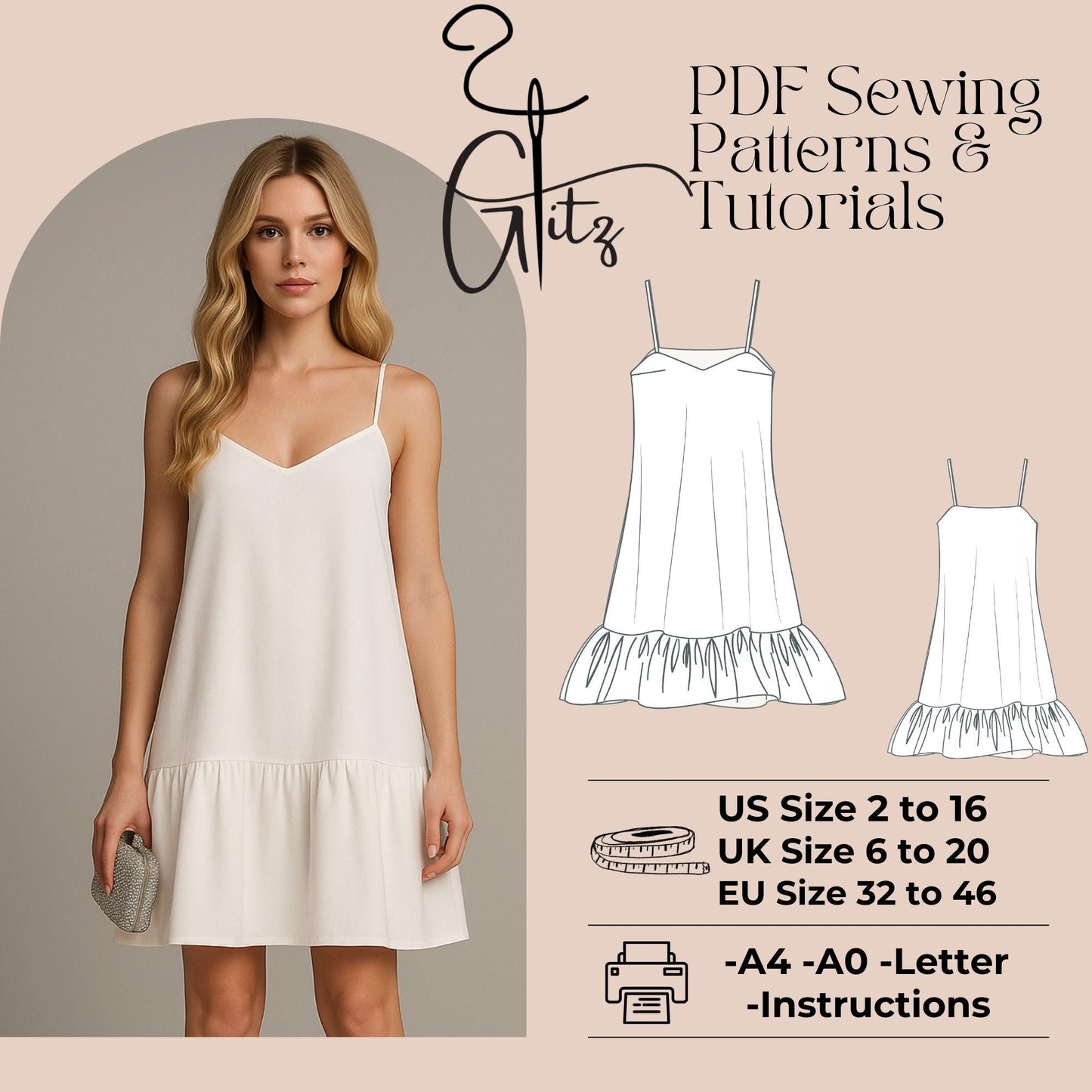 Ruffle Slip Dress Sewing Pattern | Digital PDF | Women's A-Line Mini Dress with Straps and Bust Darts | Easy Summer Dress for Woven Fabrics