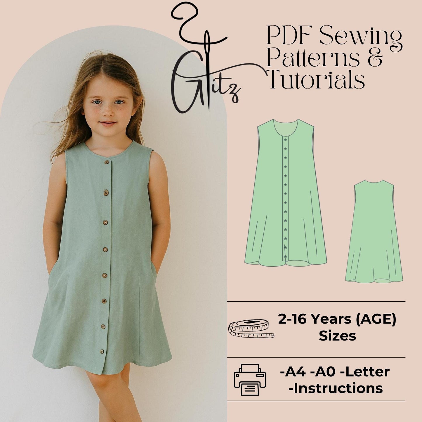 Girls Summer Dress Sewing Pattern Girl Buttoned Dress Flower Girl Dress Pattern