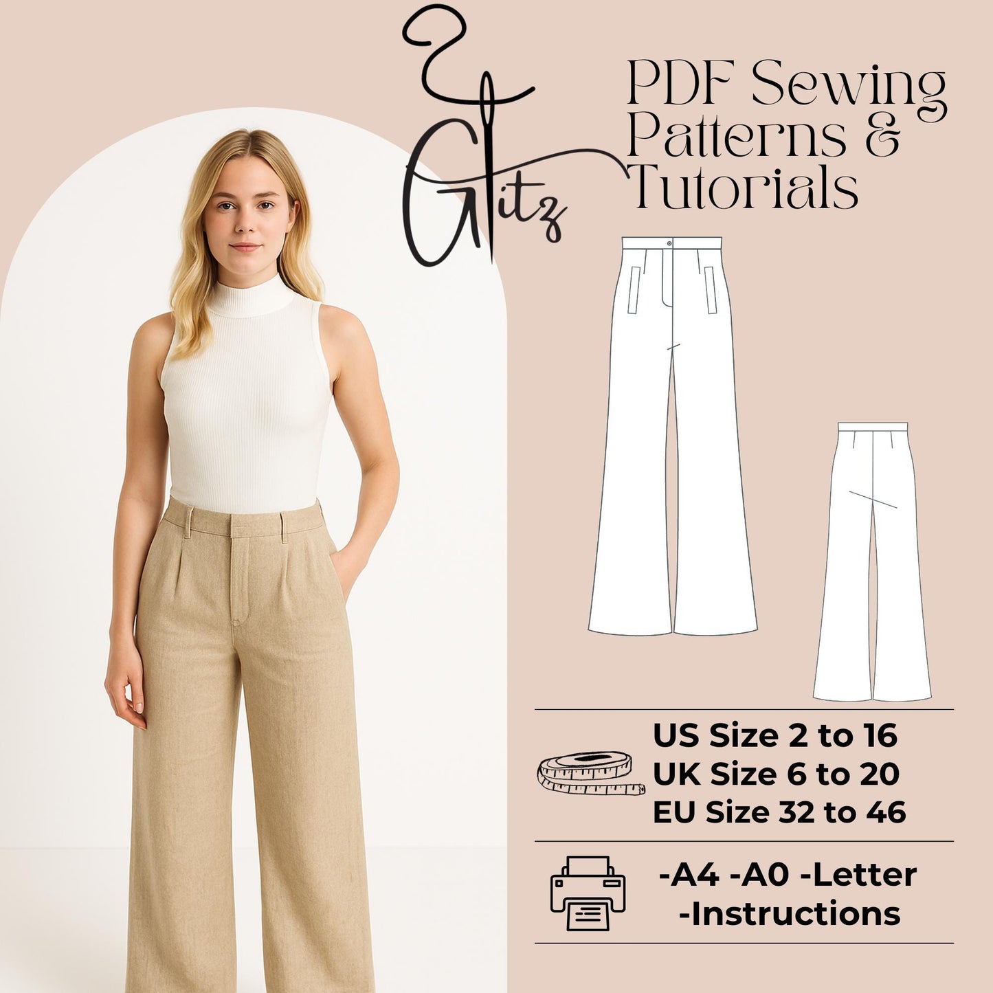 Summer Linen Pants Sewing Pattern High Waist Pants Women Trousers Pattern Wide Leg Pants