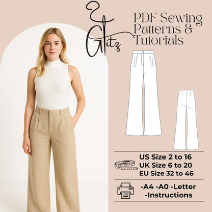 Summer Linen Pants Sewing Pattern High Waist Pants Women Trousers Pattern Wide Leg Pants