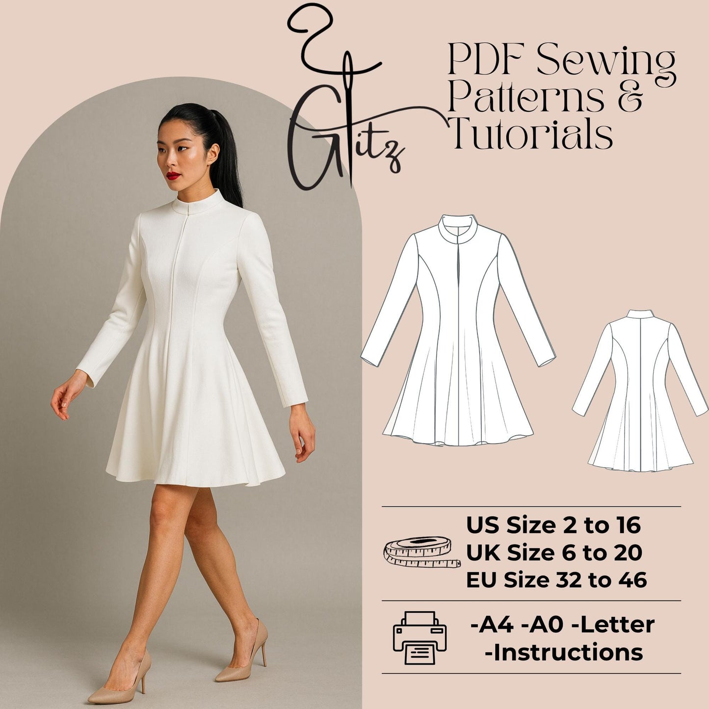 Mini Flared Dress Sewing Pattern Mini Elegant Dress Pattern Long Sleeve Circle Dress Pattern