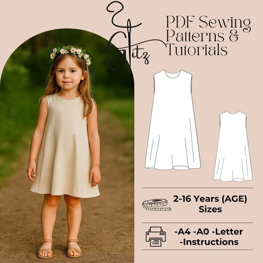 Girls Dress Sewing Pattern Sleeveless Tent Dress Linen Summer Dress Kids Cottagecore Dress Easy Sewing Pattern for Kids