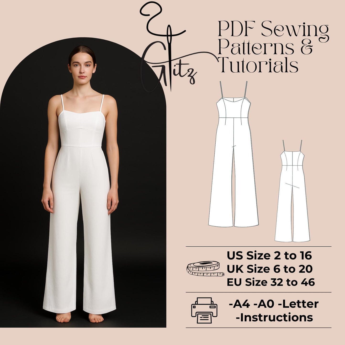 Spaghetti Straps Jumpsuit Sewing Pattern Women Jumpsuit Pattern Formal Jumpsuit Summer Jumpsuit