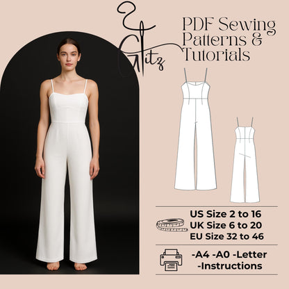 Spaghetti Straps Jumpsuit Sewing Pattern Women Jumpsuit Pattern Formal Jumpsuit Summer Jumpsuit