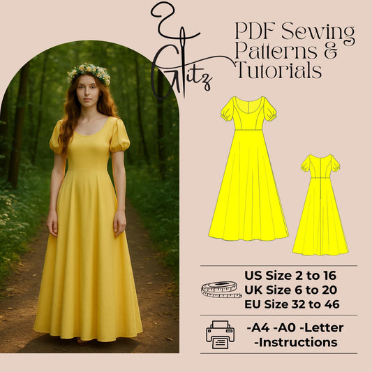 Short Puff Sleeve Cottagecore Dress Sewing Pattern, Victorian Circle Dress