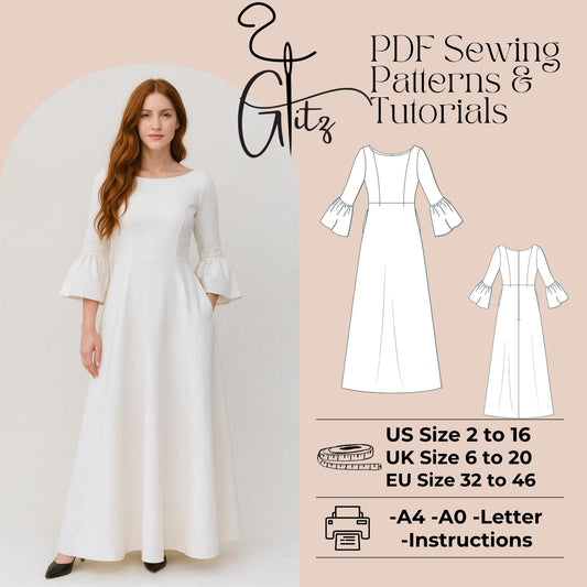 Long Flared Sleeve Evening Dress Sewing Pattern Ankle Length Cottagecore Dress Pattern Long Satin Dress Pattern