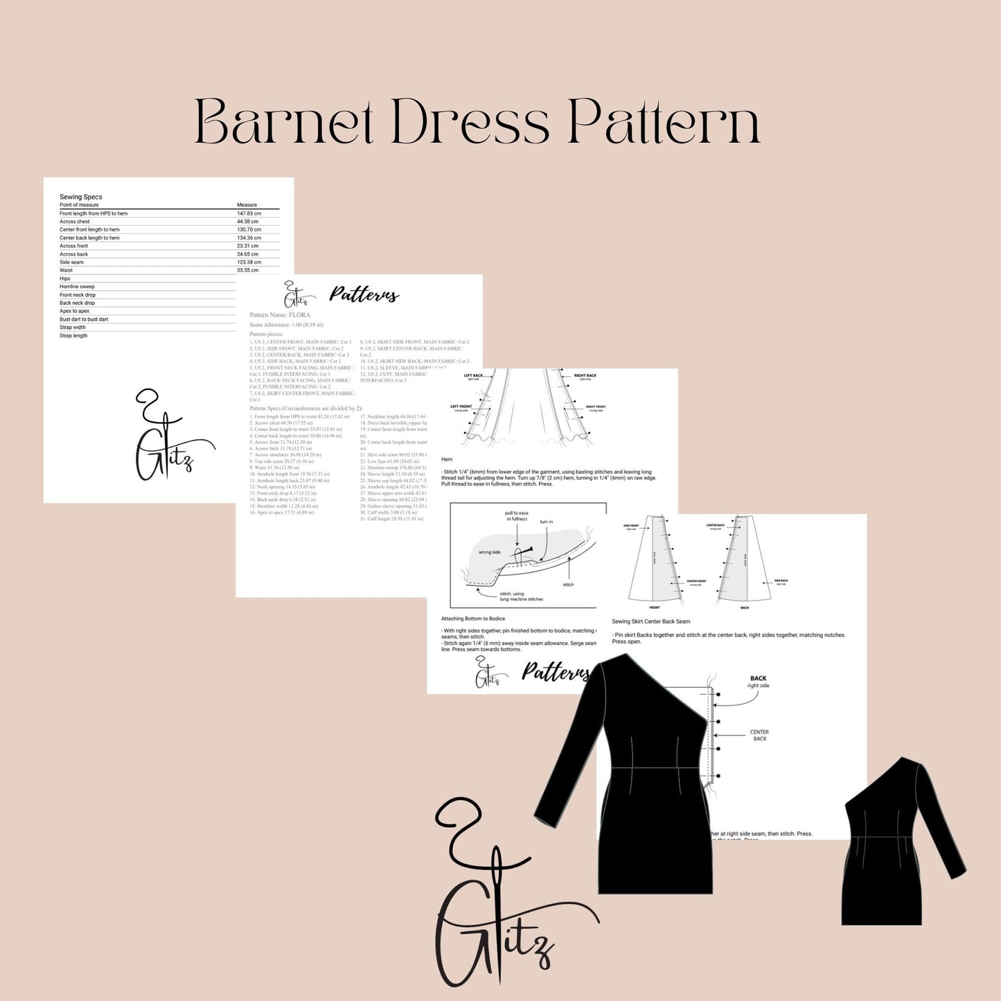 One Shoulder Strech Casual Mini Dress Sewing Pattern PDF Digital Easy Dress Pattern