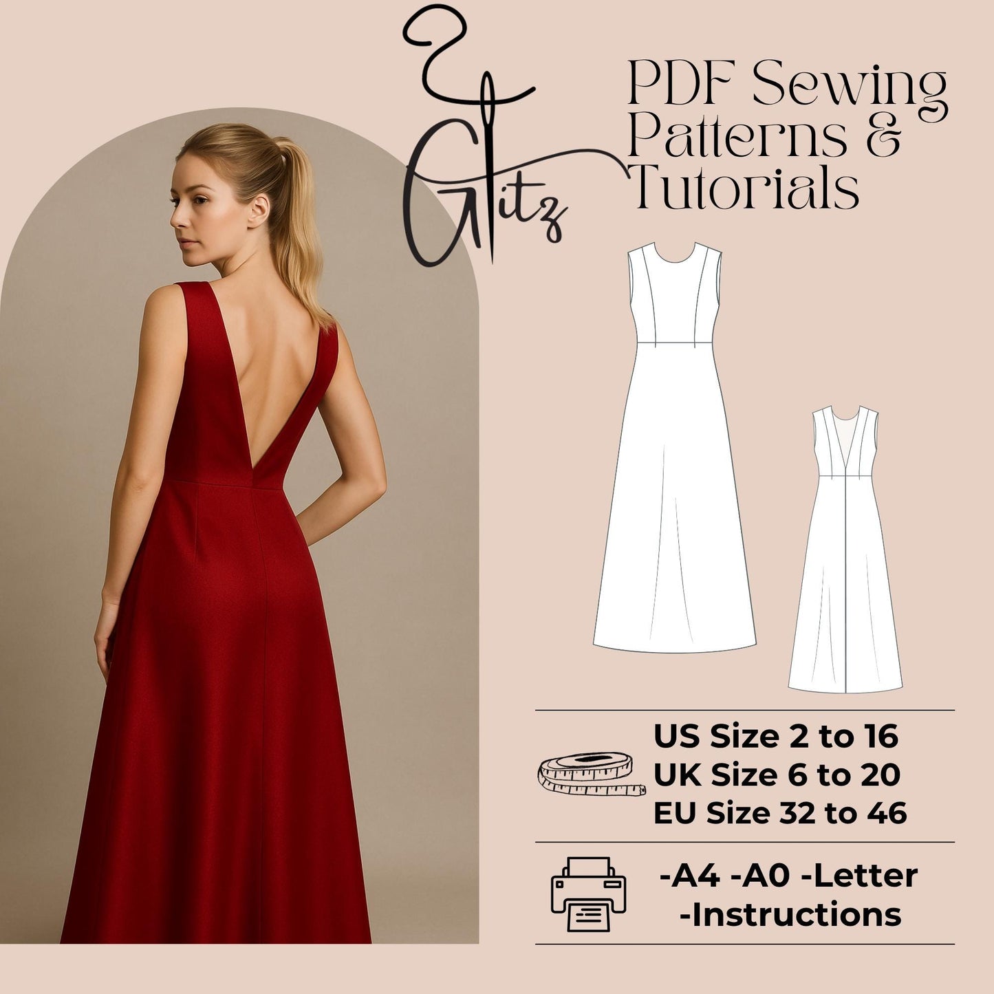 Backless Evening Dress Sewing Pattern Open Back Dress A Line Maxi Prom Dress Ball Gown Bridal Gown