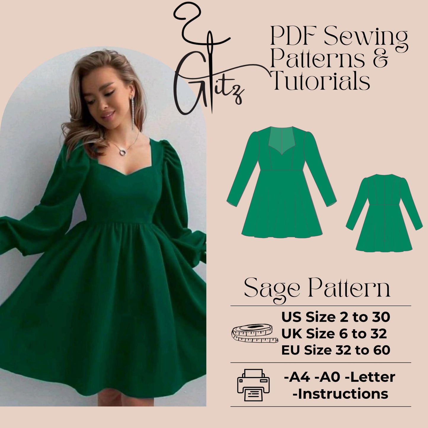 Sage Long Puff Sleeve Selkie Mini Dress Sewing Pattern PDF Digital Pattern