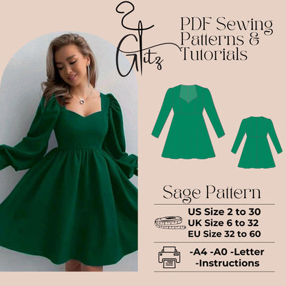 Sage Long Puff Sleeve Selkie Mini Dress Sewing Pattern PDF Digital Pattern