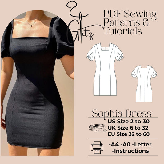 Sophia Puff Sleeve Mini Pencil Dress Sewing Pattern PDF Digital Pattern Easy Sewing Pattern
