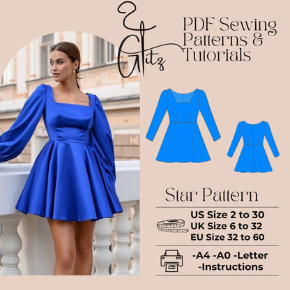 Star Selkie Puff Dress Pattern Long Sleeve Mini Evening Dress Pattern PDF Digital Sewing Pattern