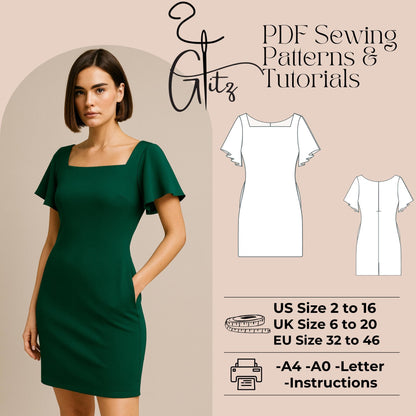 Mini Cocktail Evening Dress Sewing Pattern Short Flared Sleeve Dress Pattern Easy Sewing Pattern Summer Dress Pattern