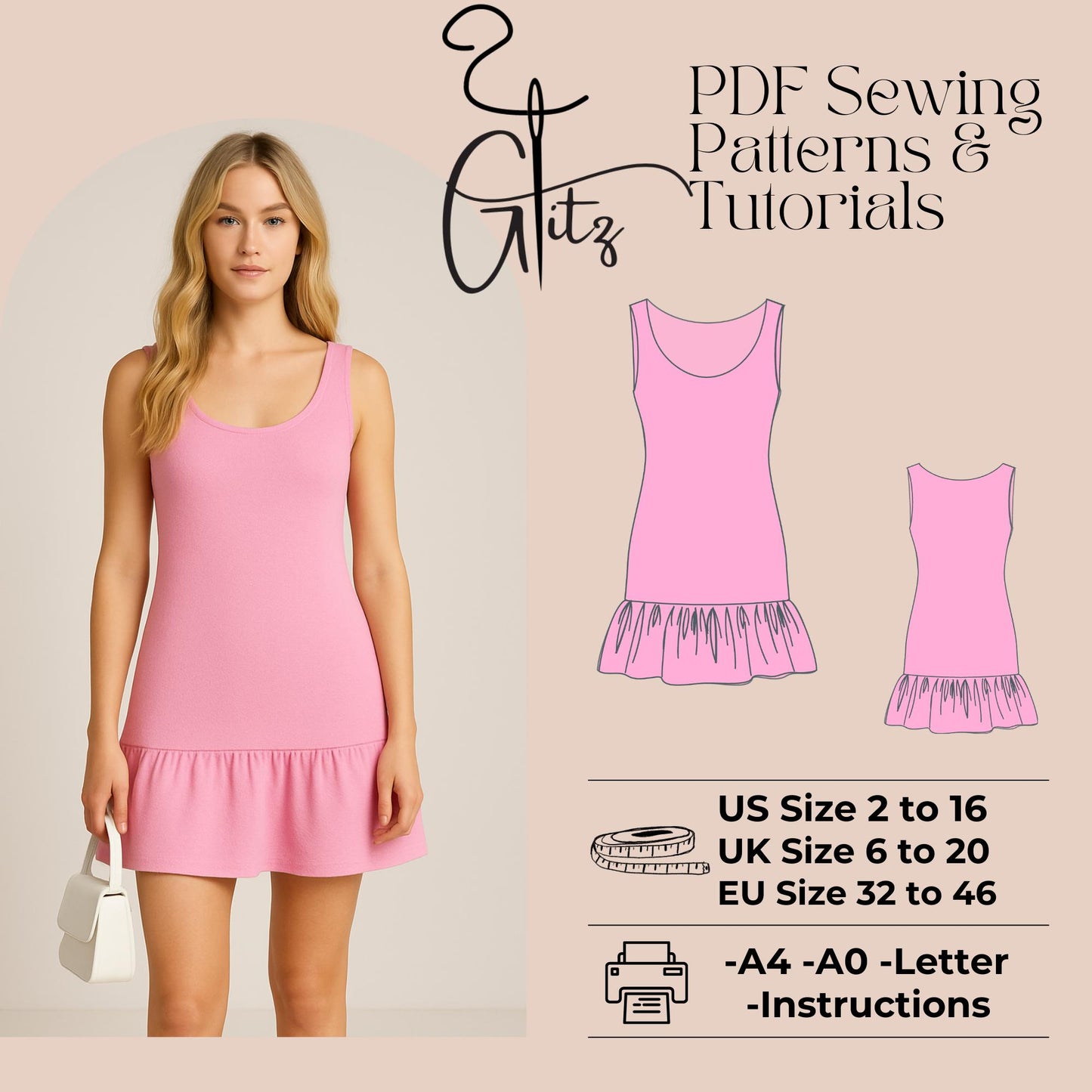 Mini Basic Dress Sewing Pattern, Casual Summer Dress Flounce Dress