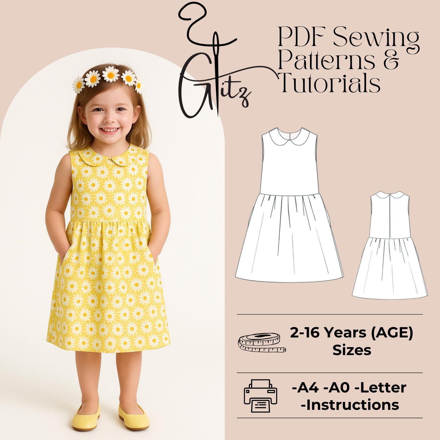Peter Pan Collar Neck Dress Gathered Dress Girls Summer Dress Sewing Pattern Sleeveless Kids Dress Pattern