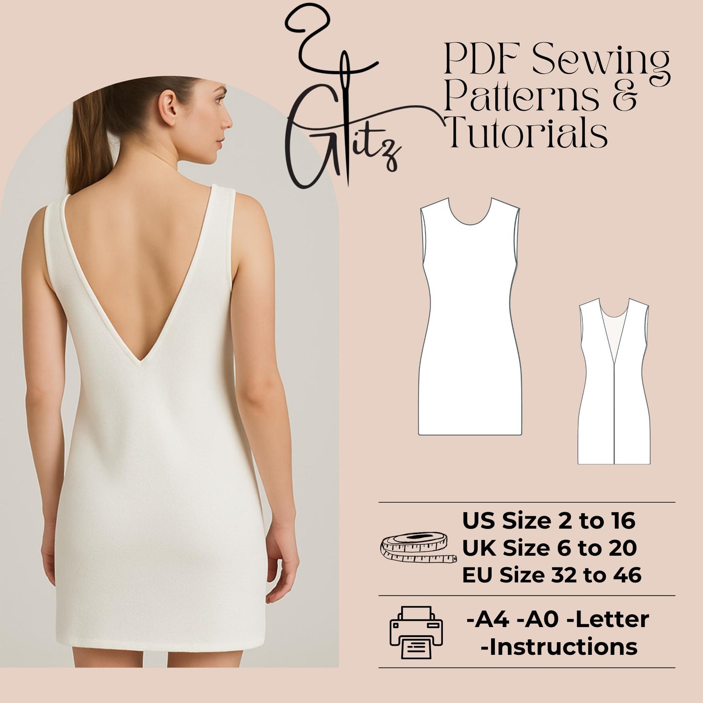 Backless Mini Summer Dress Sewing Pattern Open Back Linen Dress Pattern Easy Sewing Pattern