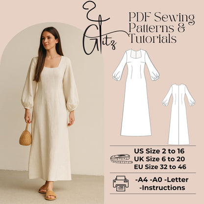 Linen Dress Sewing Pattern Boho Dress Long Puff Sleeve A Line Victorian Dress Sewing Pattern