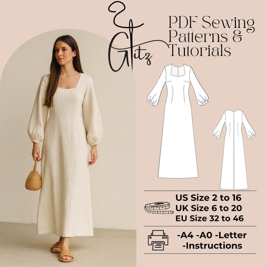 Linen Dress Sewing Pattern Boho Dress Long Puff Sleeve A Line Victorian Dress Sewing Pattern