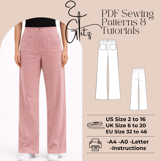 Wide Leg Pants Sewing Pattern PDF | High Waist Workwear Pants | Patch Pocket Trousers | Women Digital Sewing Pattern