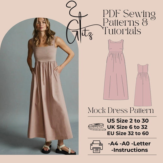 Cottagecore Midi Dress Sewing Pattern Square Neck Gathered Skirt and Fitted Bodice Linen Dress Digital Pattern PDF