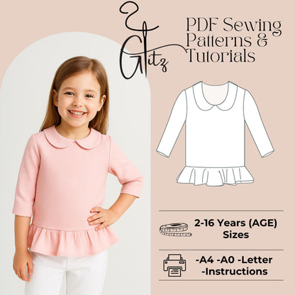 Peter Pan Collar Neck Bouse Pattern Girl Top Pattern Baby Girl Blouse Sewing Pattern