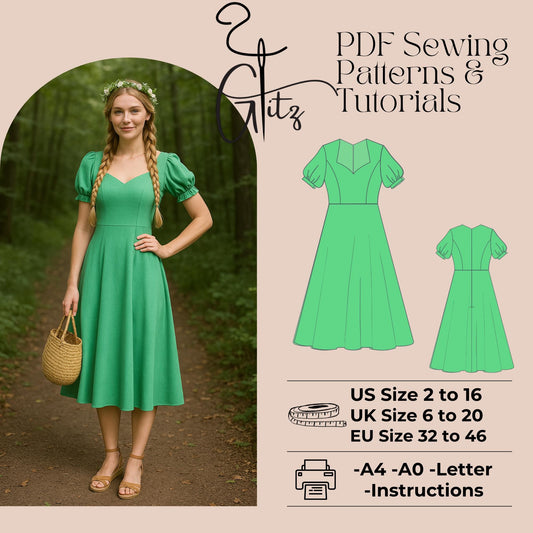 Short Puff Sleeve Sweetheart Neck Midi Cottagecore Dress Sewing Pattern Circle Dress Fairy Dress