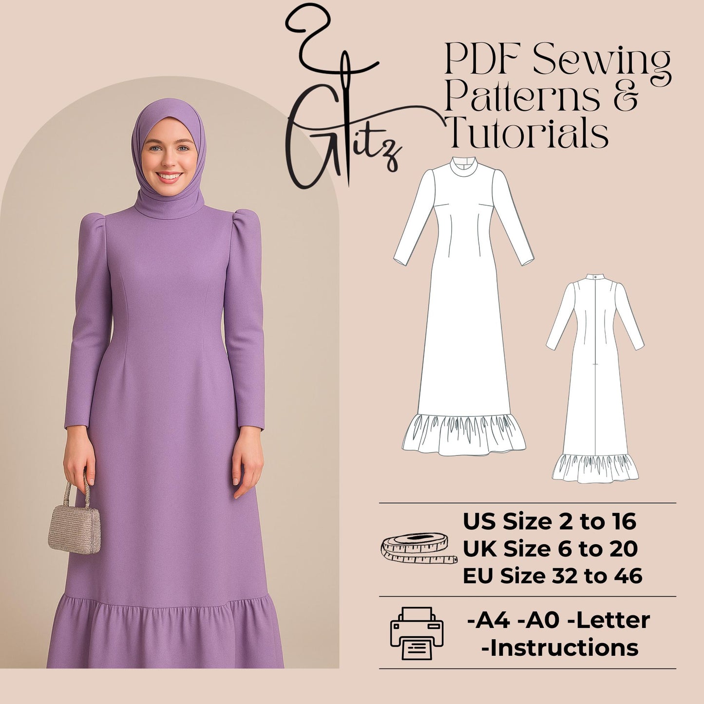 Modest Long Sleeve Dress Sewing Pattern | Digital PDF | Puff Shoulder Floor-Length Gown with Ruffled Hijab Abaya Pattern Muslim Dress