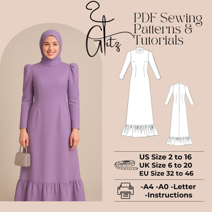 Modest Long Sleeve Dress Sewing Pattern | Digital PDF | Puff Shoulder Floor-Length Gown with Ruffled Hijab Abaya Pattern Muslim Dress