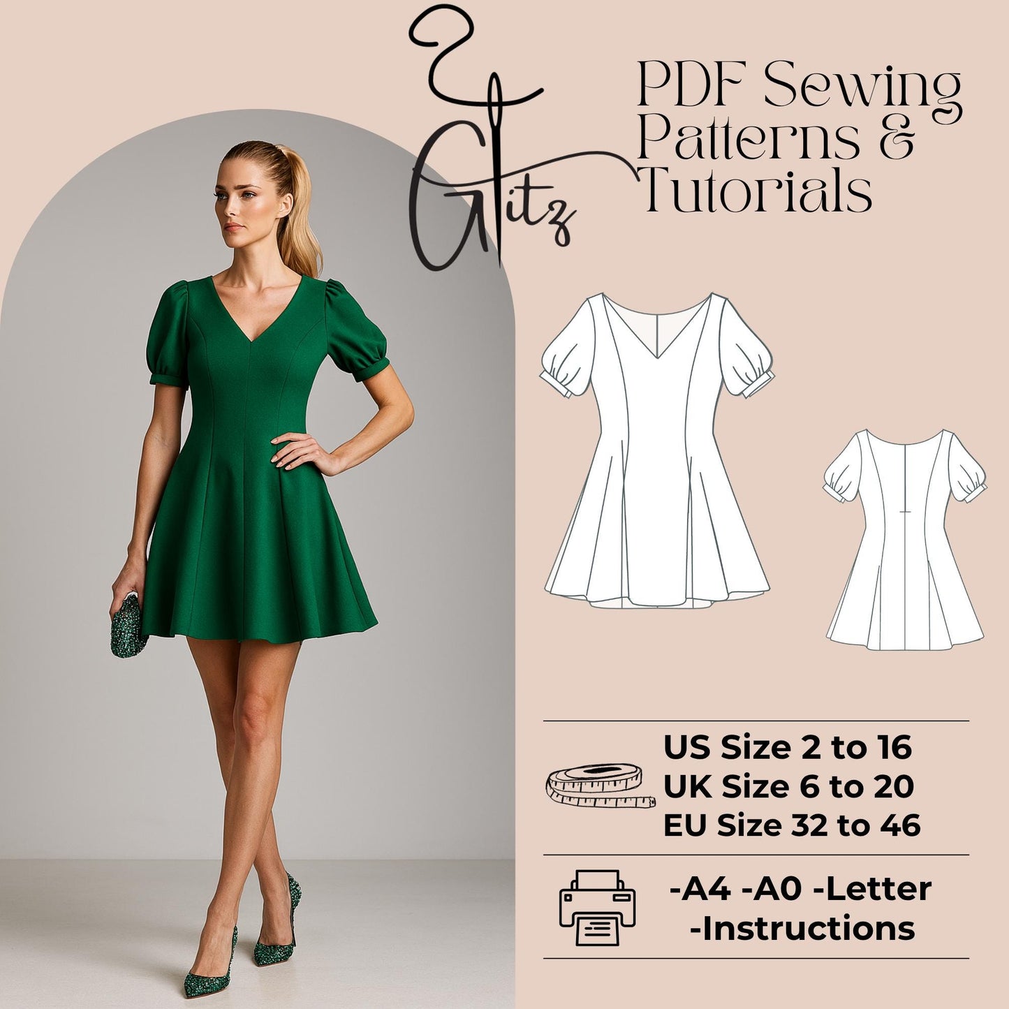 Mini Evening Dress Sewing Pattern Circle Dress Puff Sleeve Mini Prom Dress Cocktail Dress