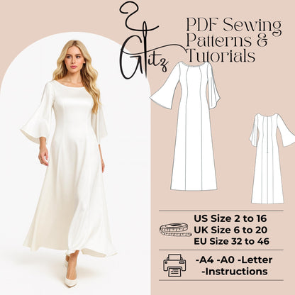 Long Flared Sleeve Satin Bridal Dress Sewing Pattern Satin Prom Dress Pattern
