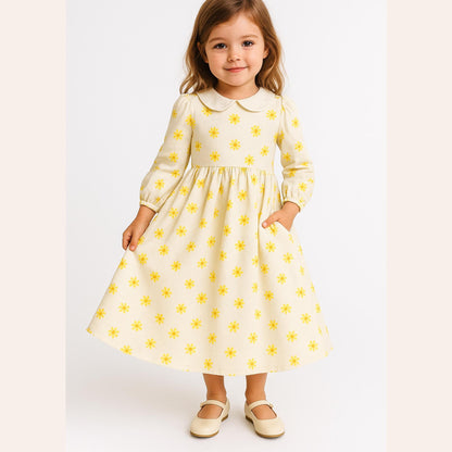 Kids Gathered Summer Dress Sewing Pattern Puff Sleeve Girl Dress Peter Pan Collar Dress 2-16 Y