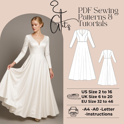 V Neck Long Satin Bridal Dress Sewing Pattern A Line Maxi Prom Dress Simple Bridal Gown Ball Gown