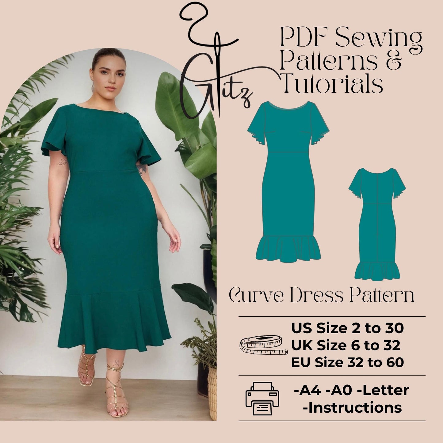Flared Sleeve Boat Neck Pencil Midi Cocktail Dress Digital Sewing Pattern US 2 - 30 size A0 - A4 - Letter PDF