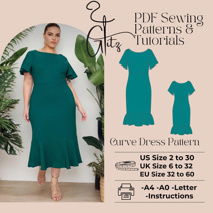 Flared Sleeve Boat Neck Pencil Midi Cocktail Dress Digital Sewing Pattern US 2 - 30 size A0 - A4 - Letter PDF