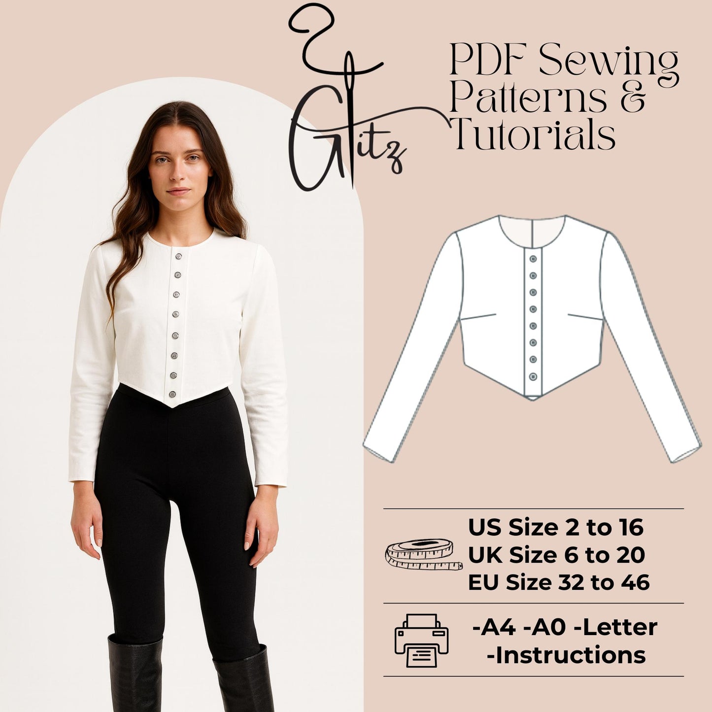 Cropped Button Front Top Sewing Pattern PDF | Long Sleeve Fitted Bodice Pattern | Modern Women’s Knit Top