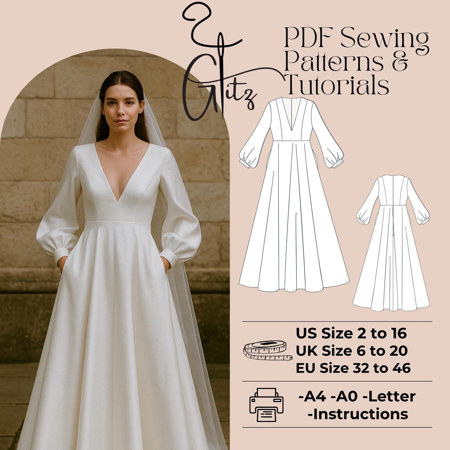 Maxi Dress Sewing Pattern  Long Sleeved Dress Pattern Bridal Gown Ball Gown V Neck Dress Sewing Pattern